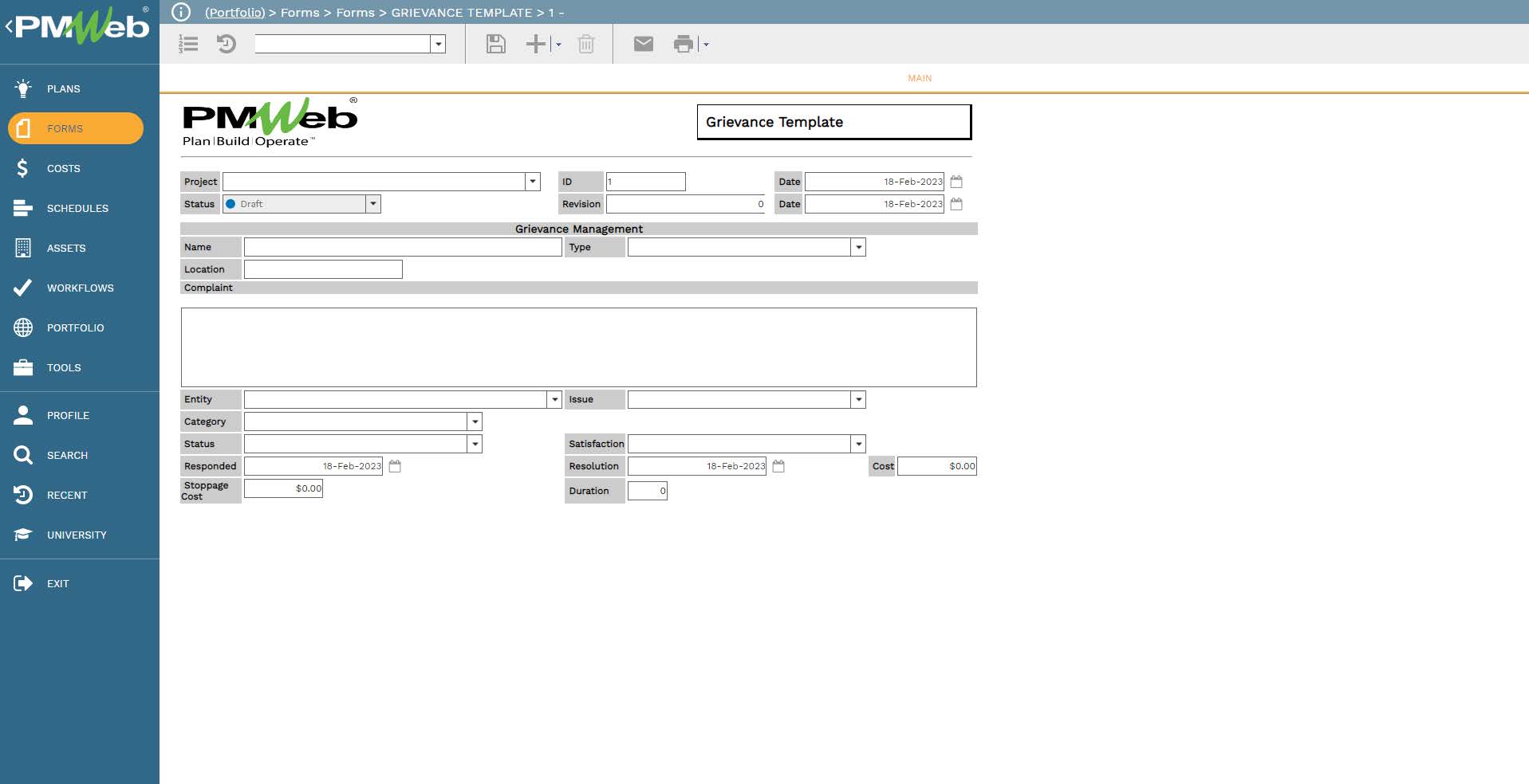 PMWeb 7 Forms Forms Grivevance Template 
Main