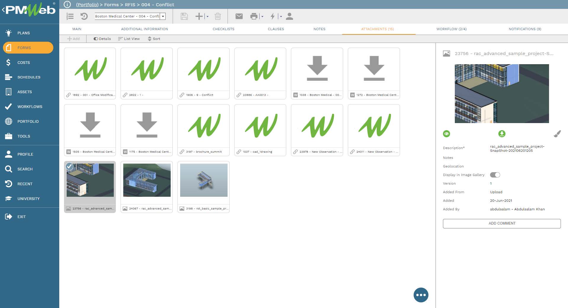 PMWeb 7 Forms RFIs Conflict 
Attachments
