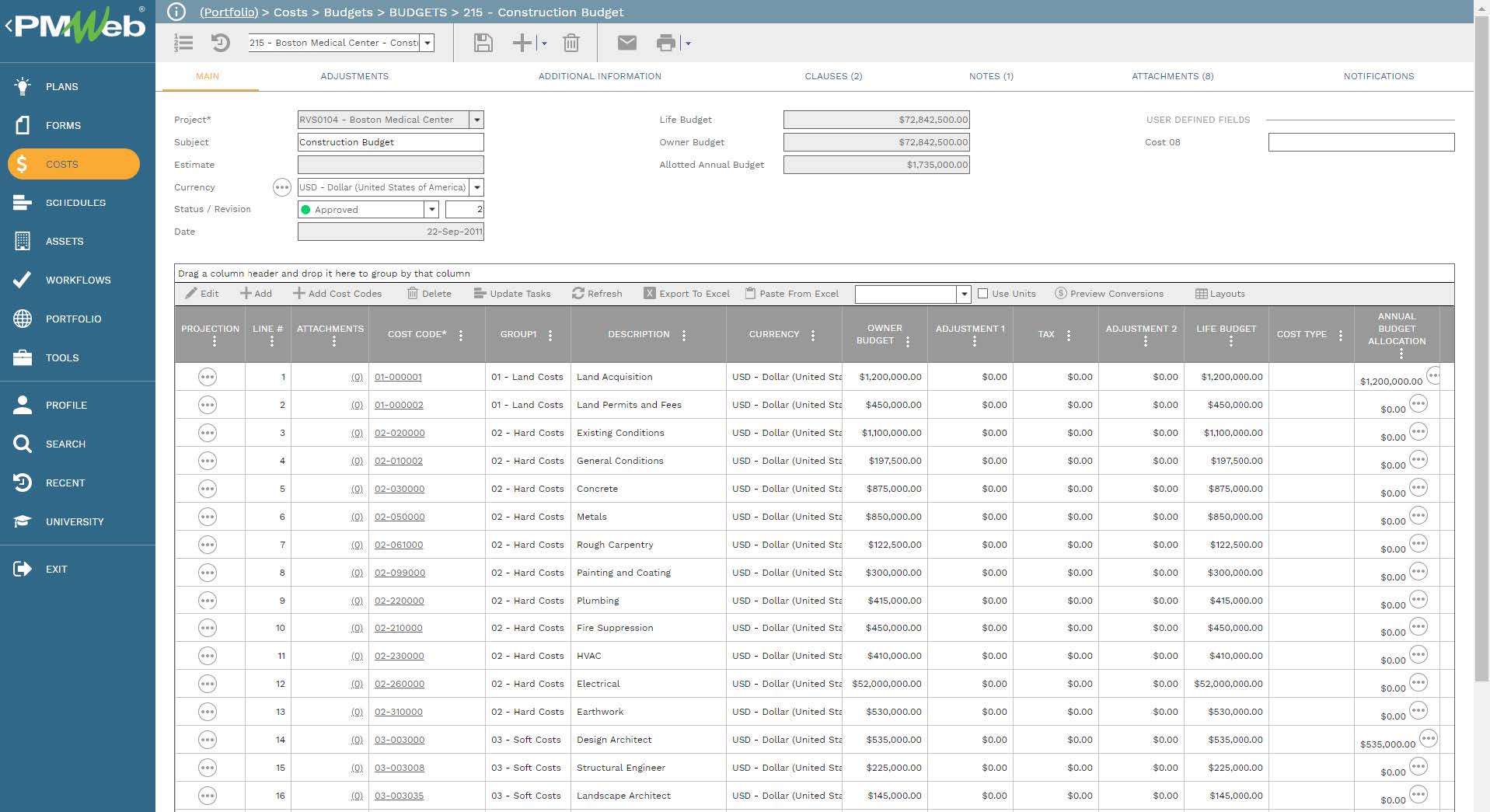 PMWeb 7 Costs Budgets Budgets Construction Budgets 
Main