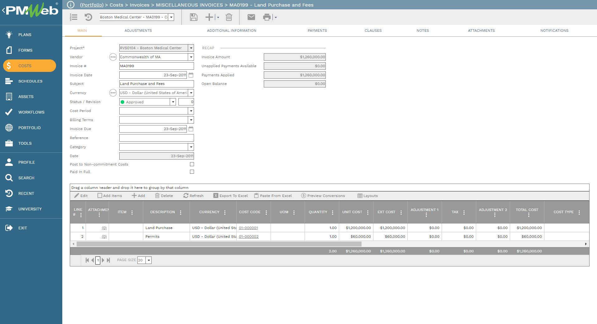 PMWeb 7 Costs Invoices Miscellaneous Invoices MA0199 Land Purchase and Fees