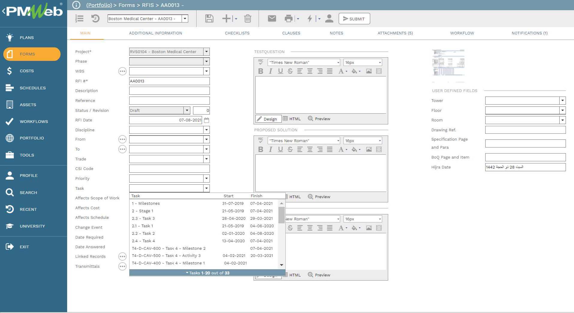 PMWeb 7 Forms RFIs AA0013
Main