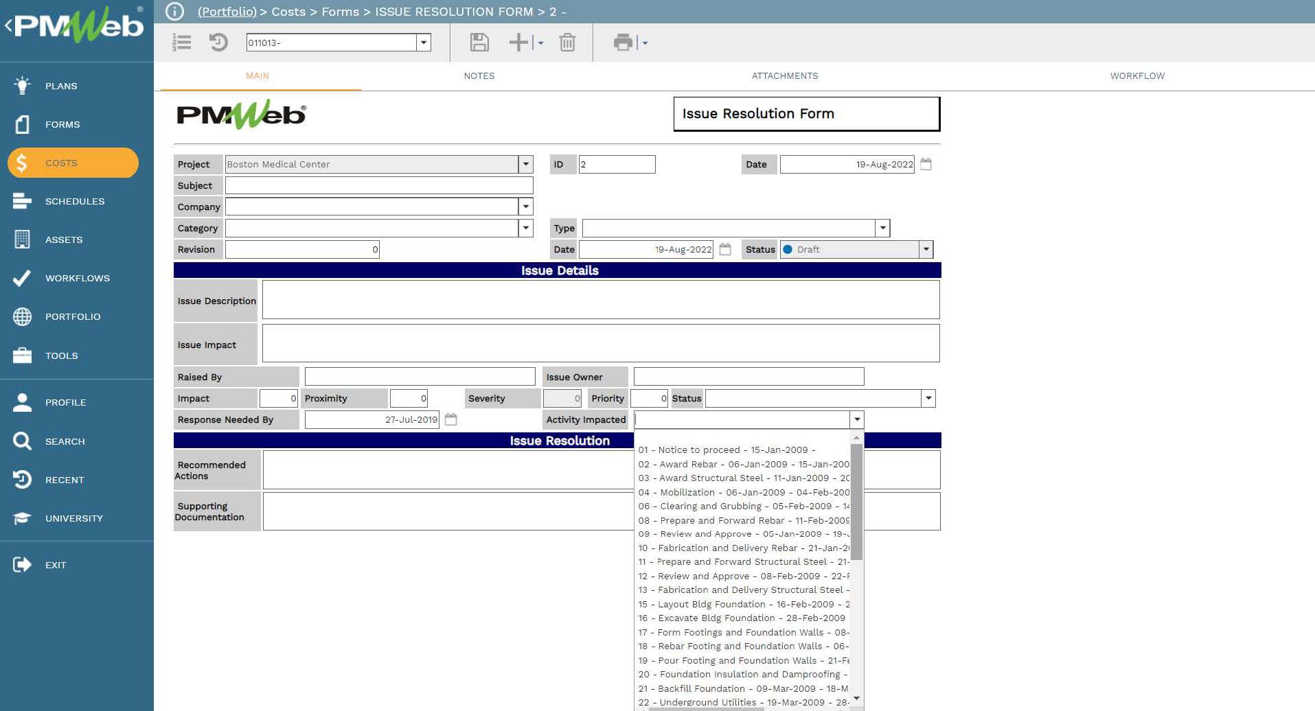 PMWeb 7 Costs Forms Issues Resolution Form
Main