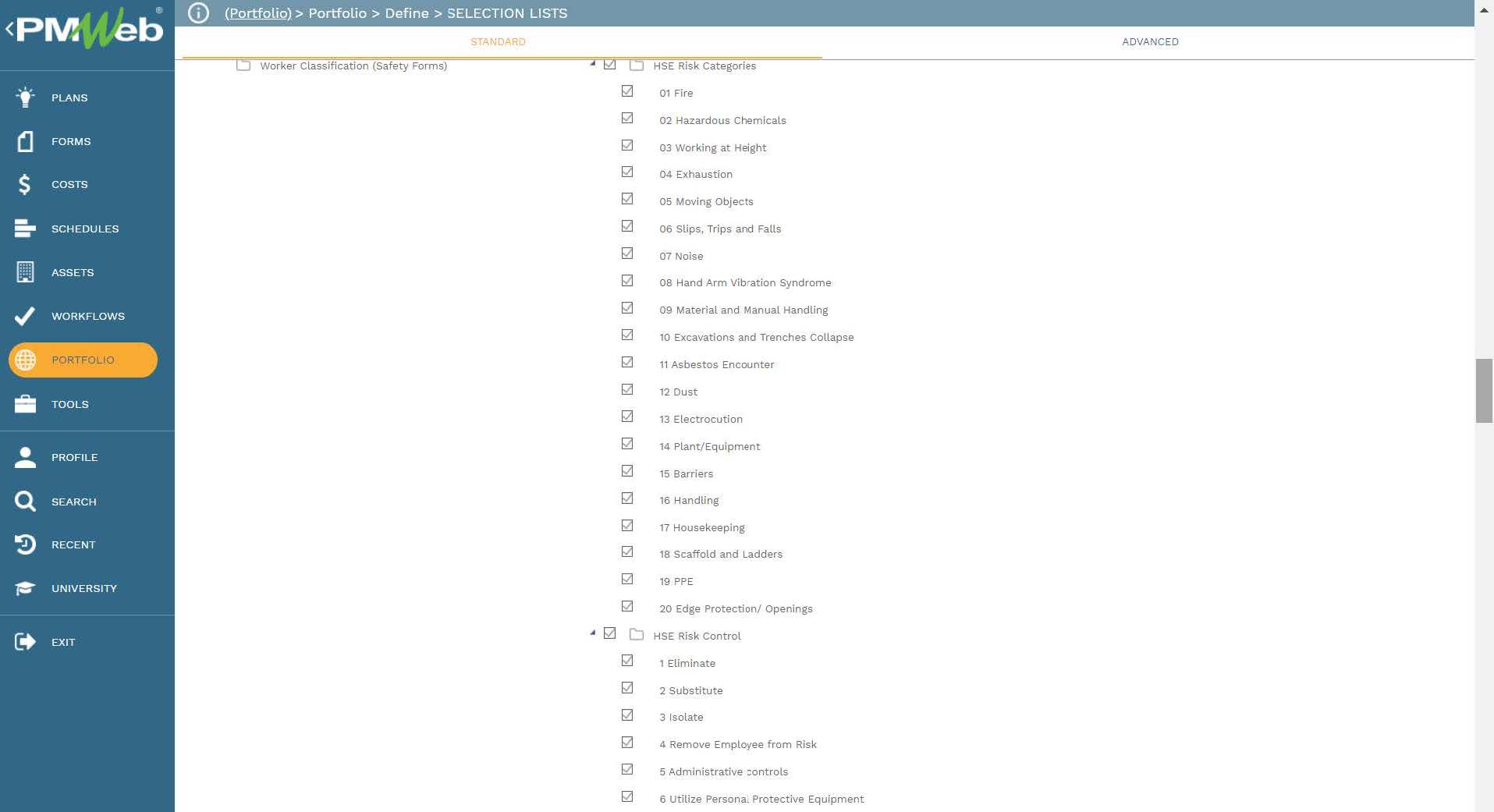 PMWeb 7 Portfolio Define Selection Lists
Standard 