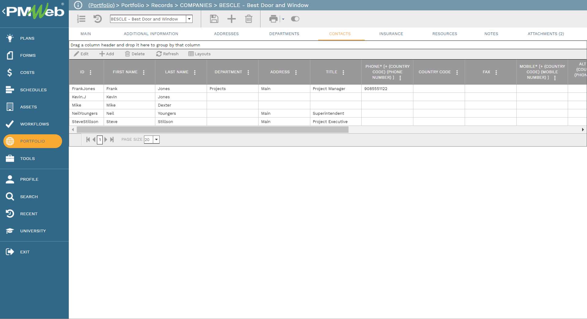 PMWeb 7 Portfolio Records Companies BESCLE Best Door and Window 
Contacts