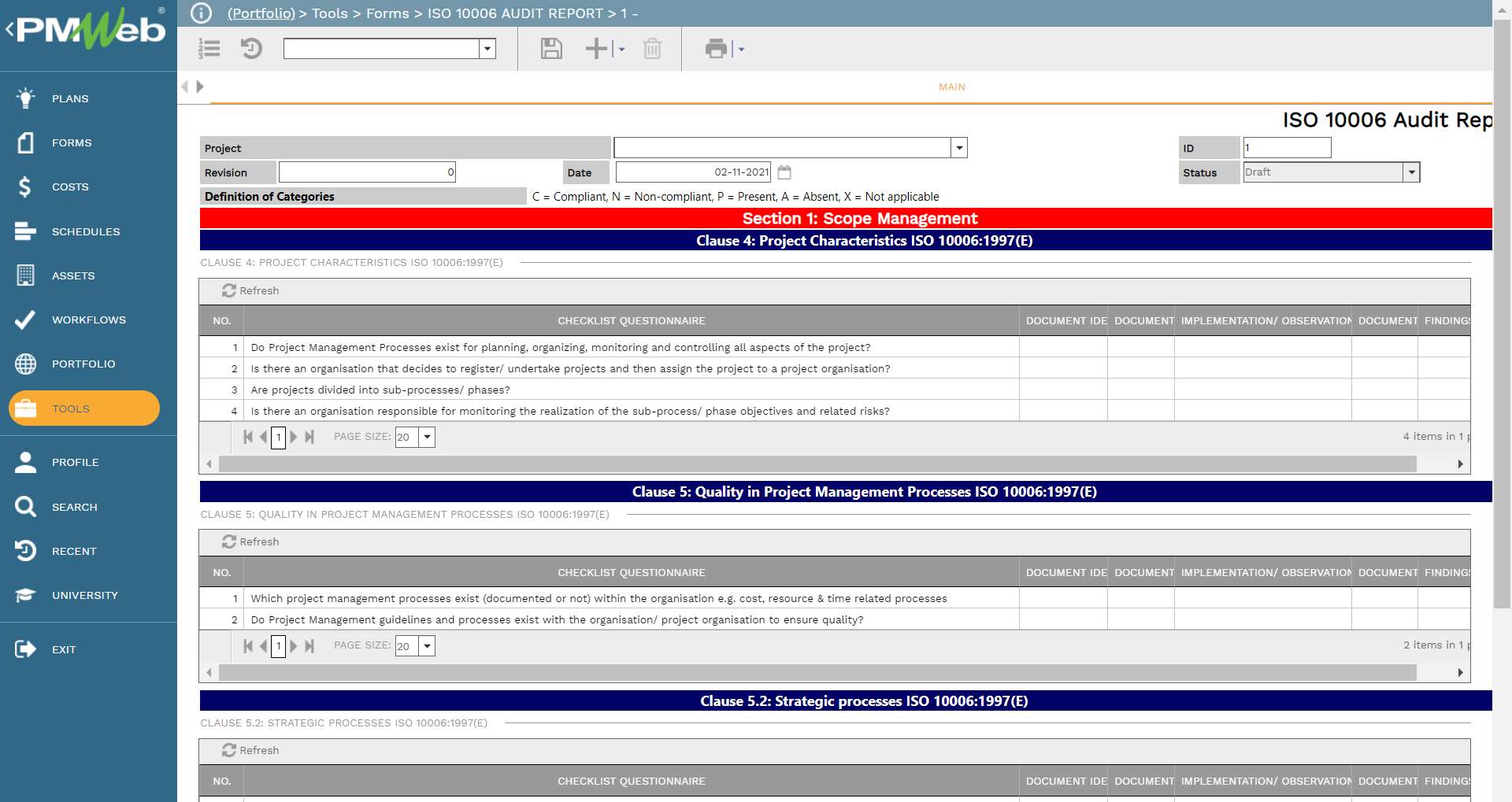 PMWeb 7 Tools Forms ISO 10006 Audit Report 
