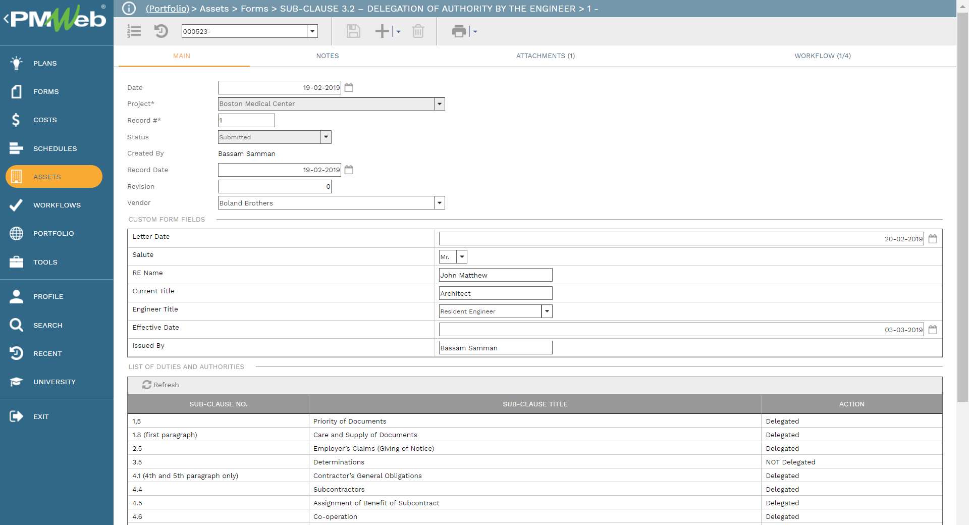 PMWeb 7 Assets Forms Sub-Clause 3.2 Delegation of Authority by tHe Engineer 
Main