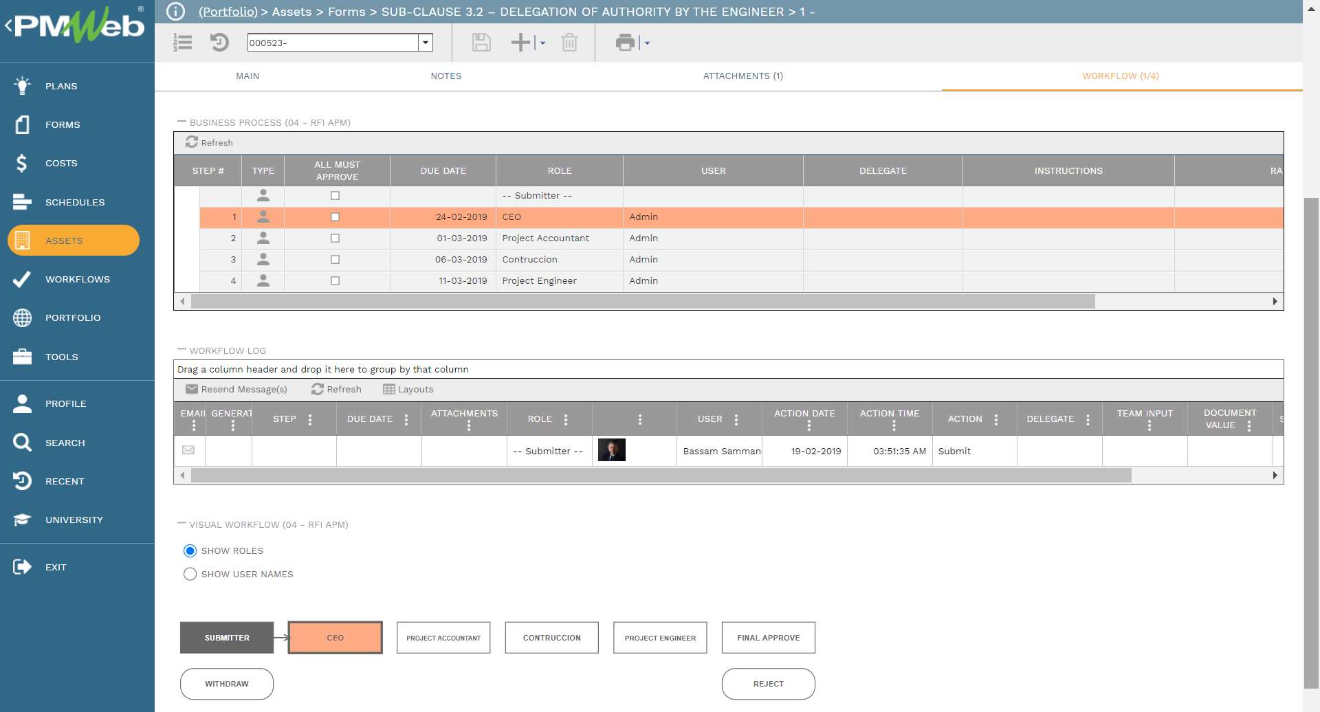 PMWeb 7 Assets Forms Sub-Clause 3.2 Delegation of Authority by tHe Engineer 
Workflow