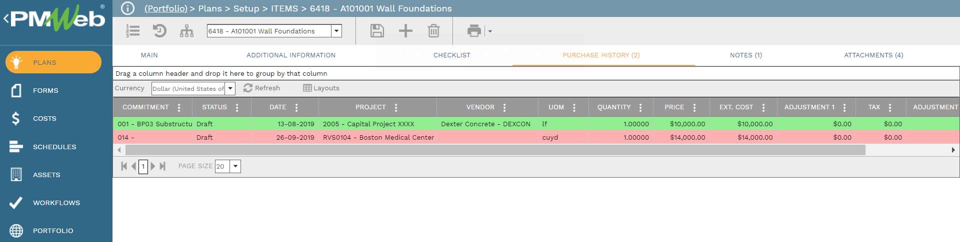 PMWeb 7 Plans Setup Items 6418 A101001Wall Foundation
Purchase History 