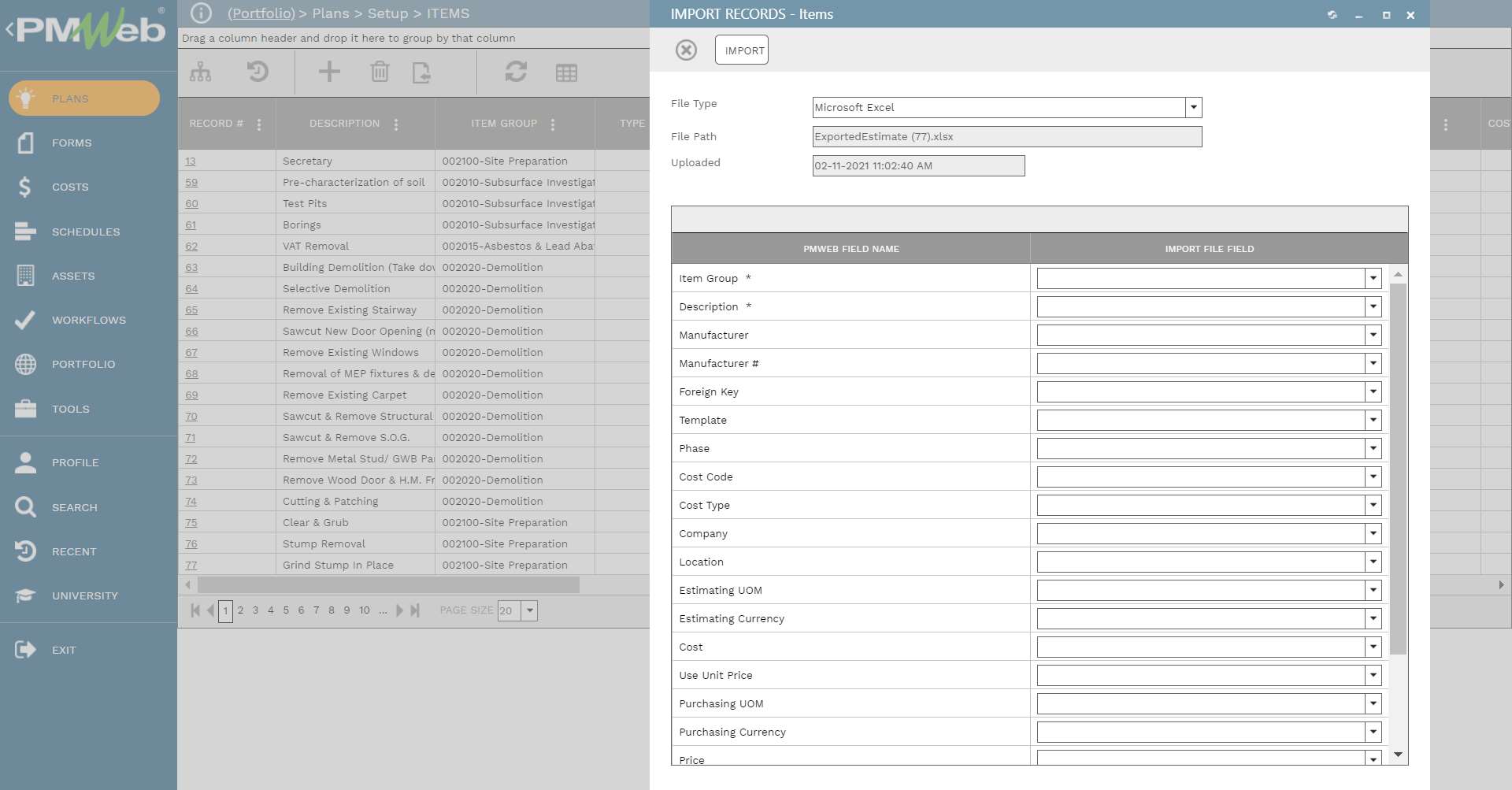 PMWeb 7 Plans Setup Import Records Items for Cost Estimates