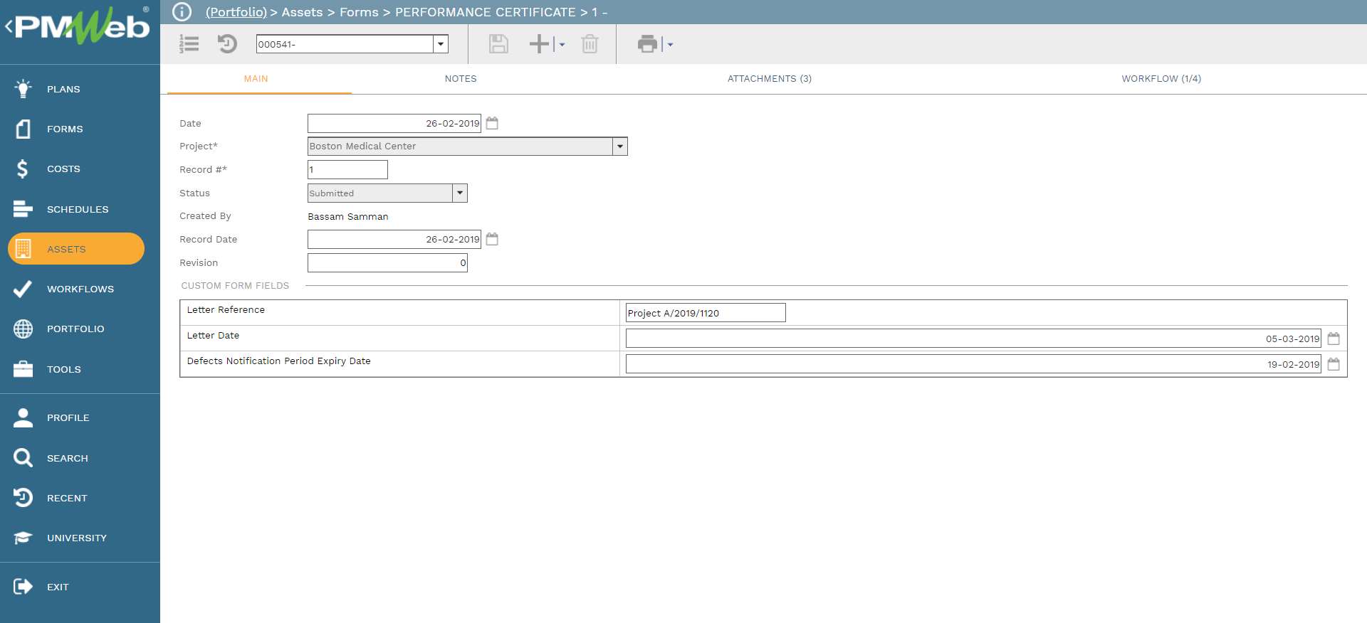 PMWeb 7 Assets Forms Performance Certificate
Main