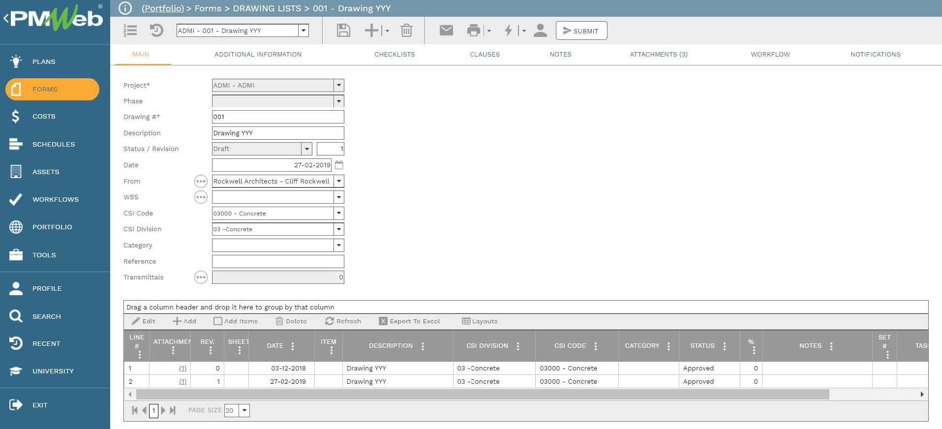 PMWeb 7 Forms Drawing Lists 001 Drawing YYY
Main