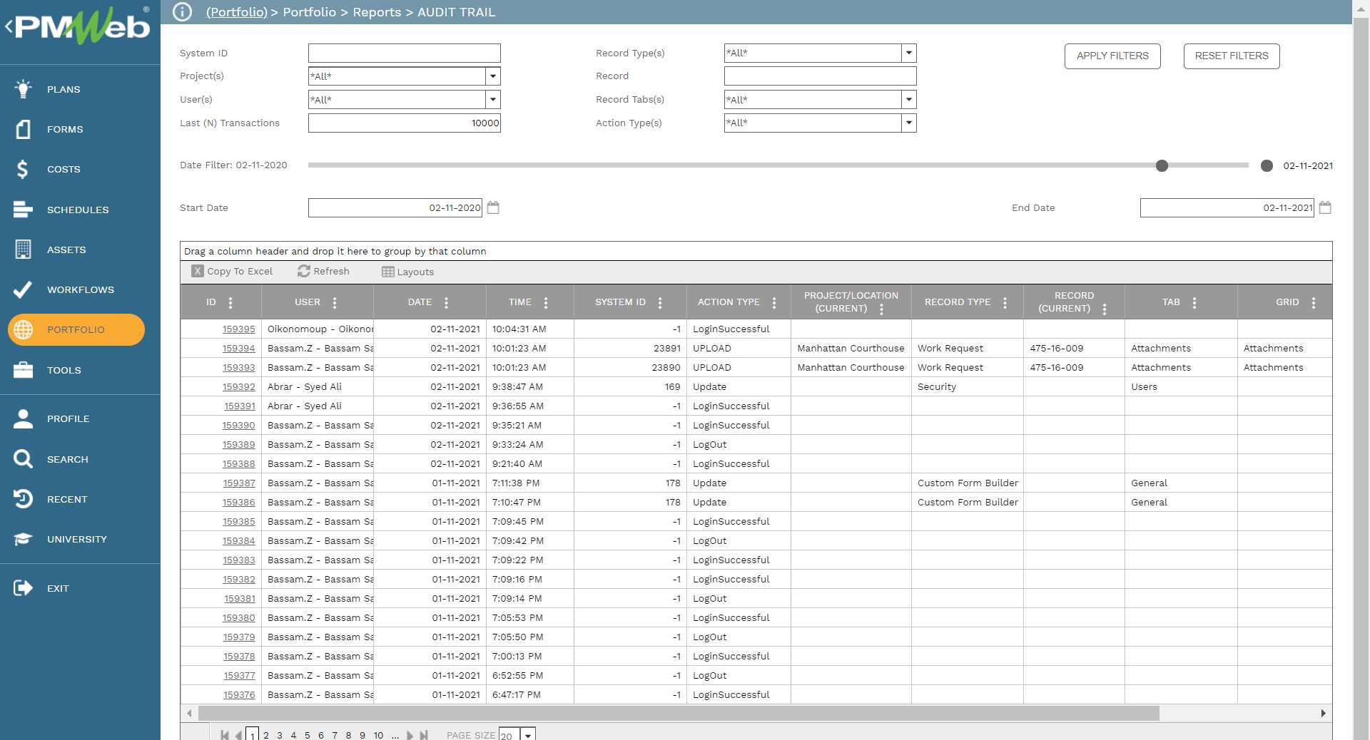 PMWeb 7 Portfolio Reports Audit Trail