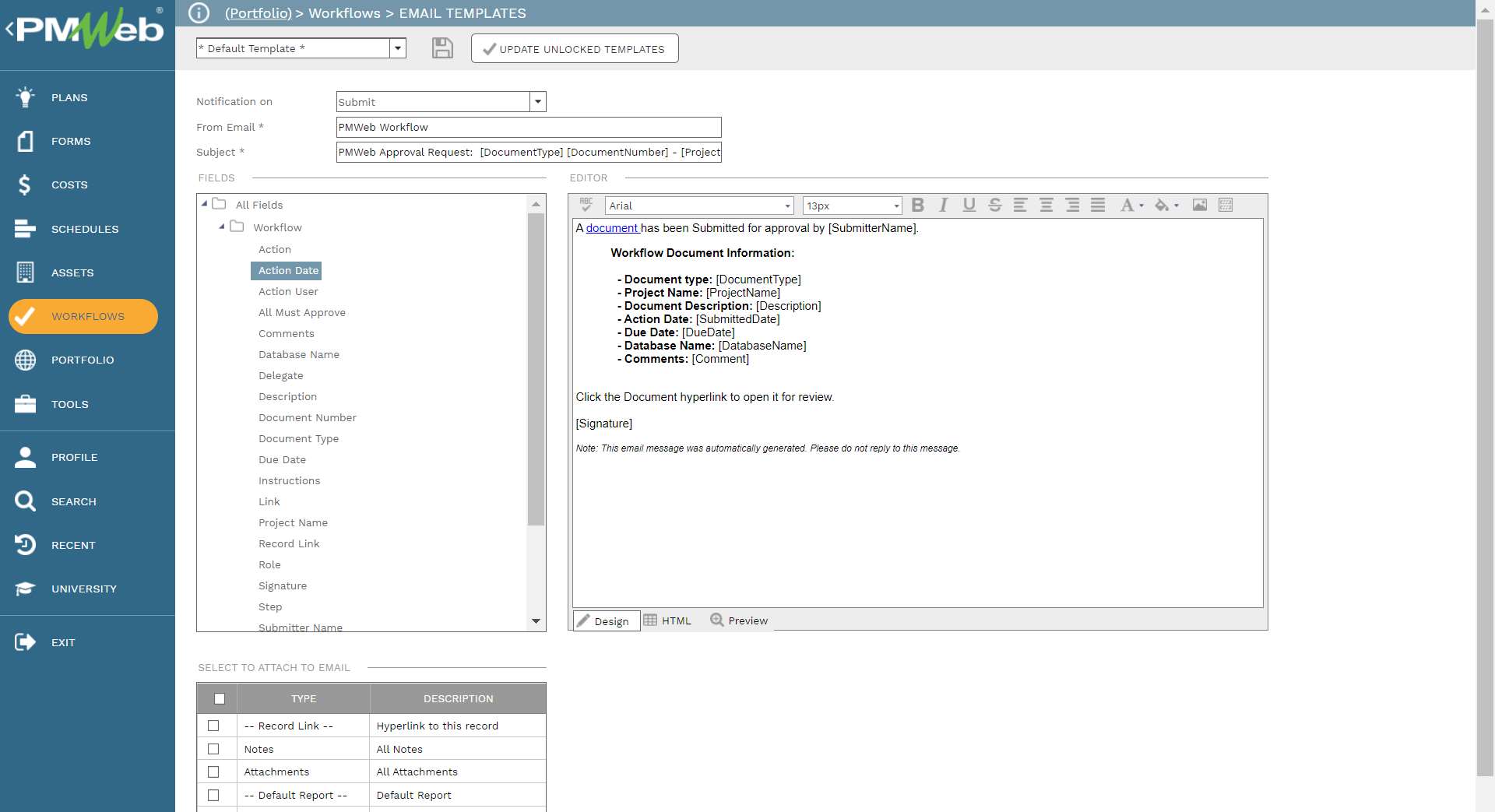 PMWeb 7 Workflows Email Templates