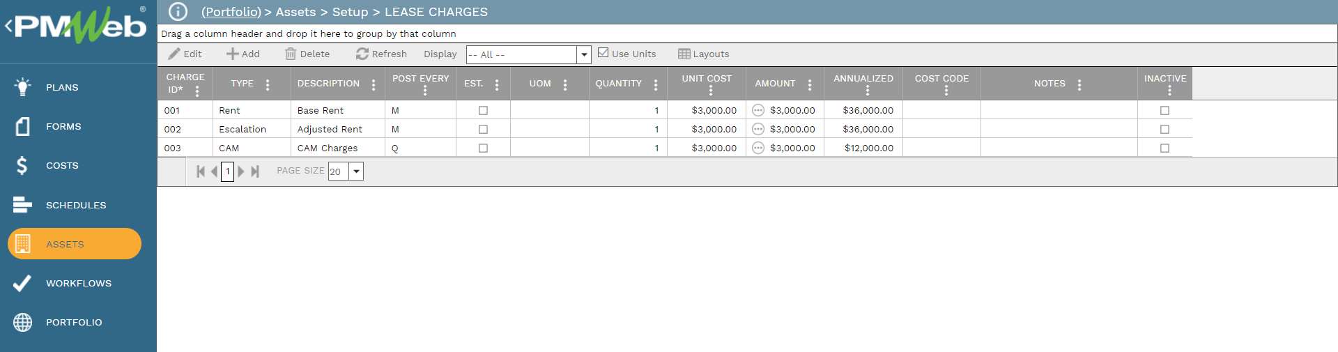 PMWeb 7 Assets Setup Lease Charges 