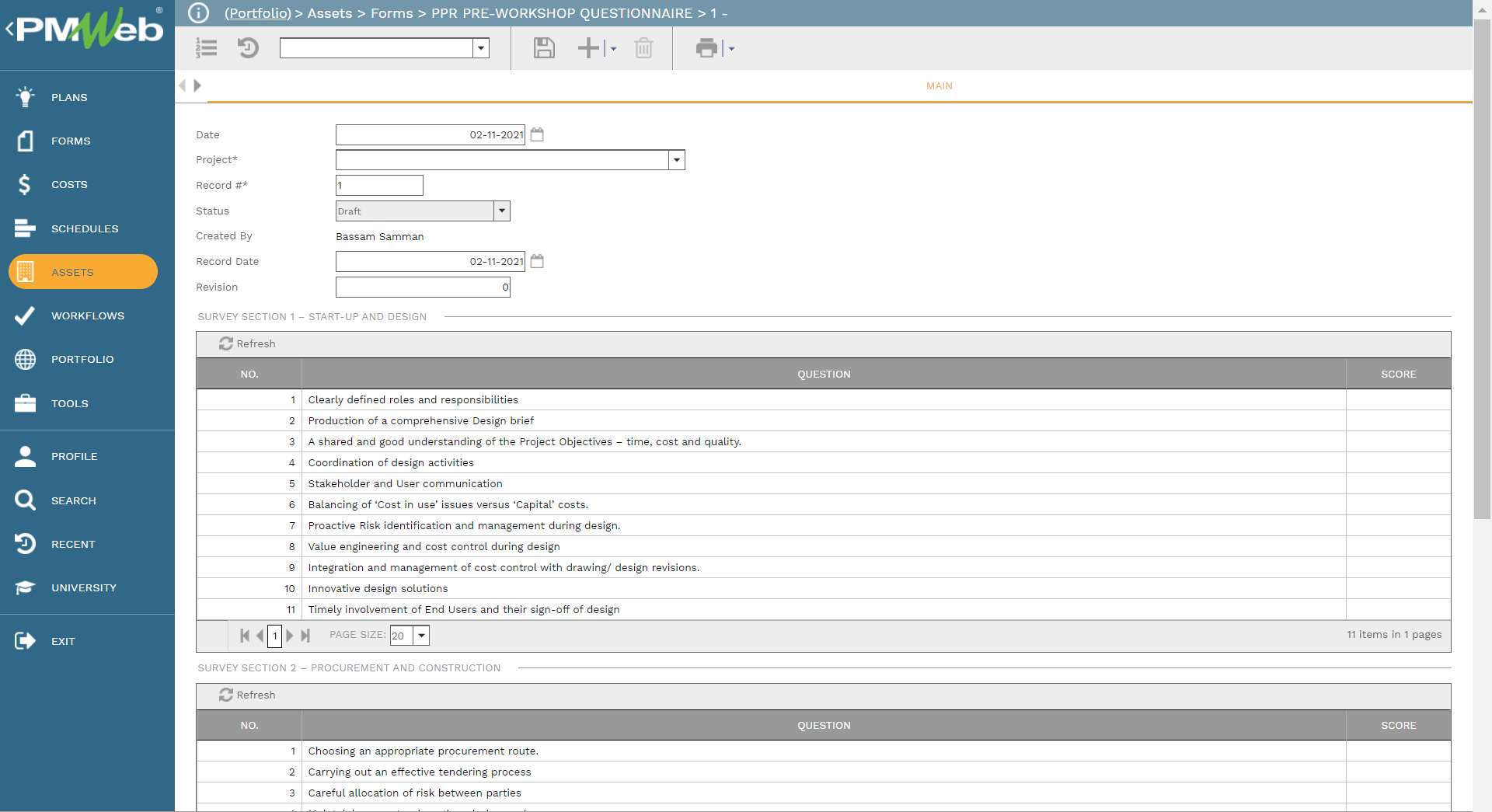 PMWeb 7 Assets Forms PPR Pre-Workshop Questionnaire 
Main