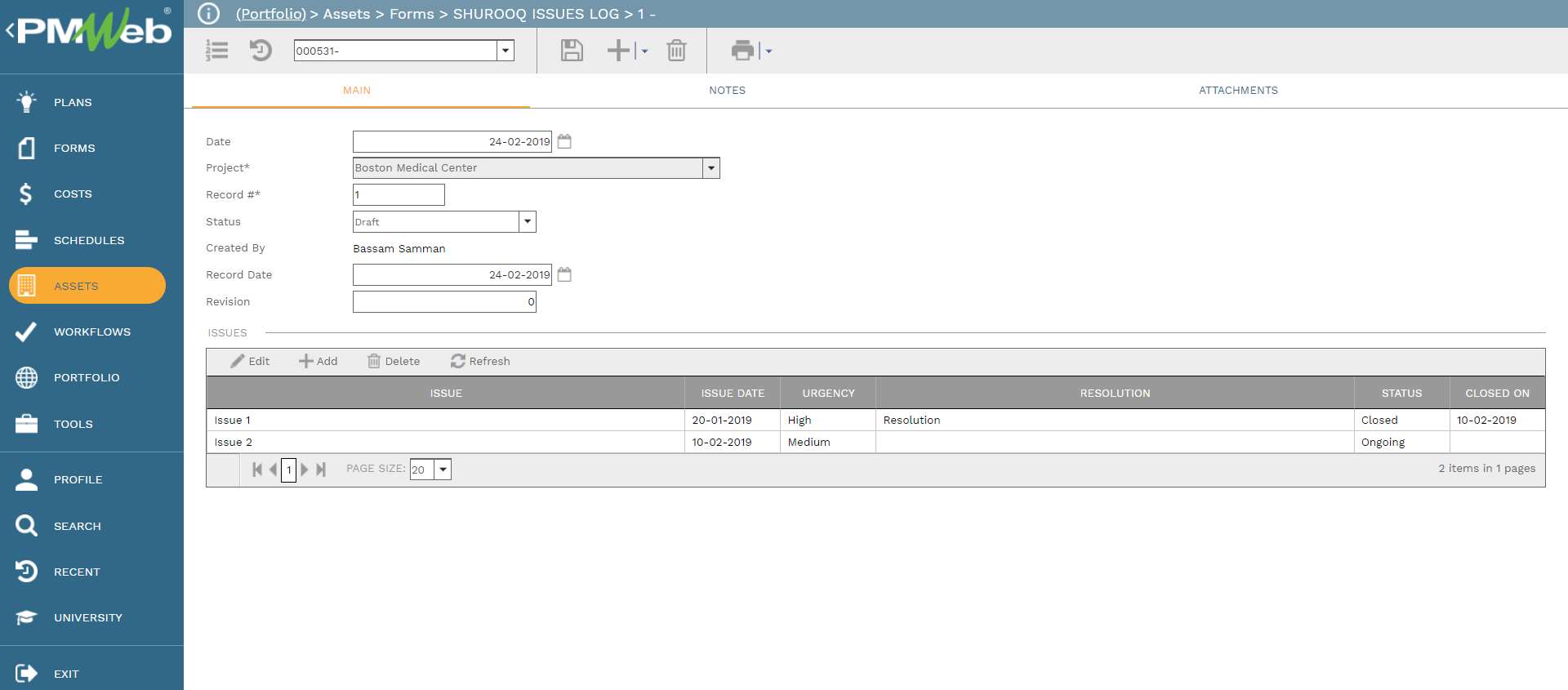 PMWeb 7 Assets Forms SHUROOQ Issues Log 1 
Main