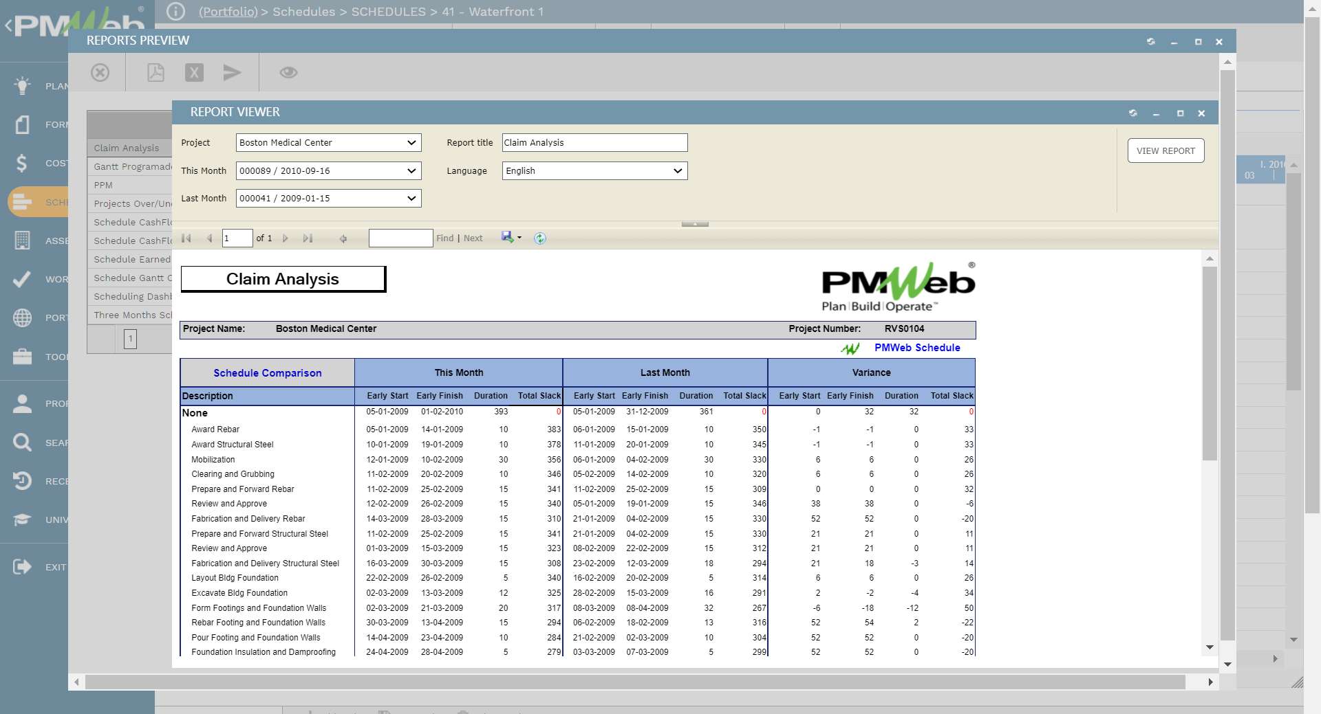 PMWeb 7 Schedules Schedules 41 Waterfront 
Reports Preview 
Report Viewer  FIDIC 2017