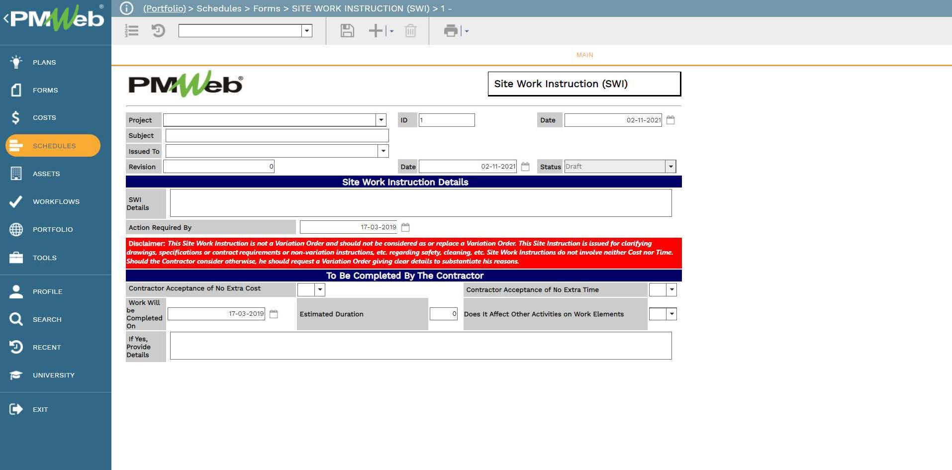 PMWeb 7 Schedules Forms Site Work Instruction (SWI) 
Main