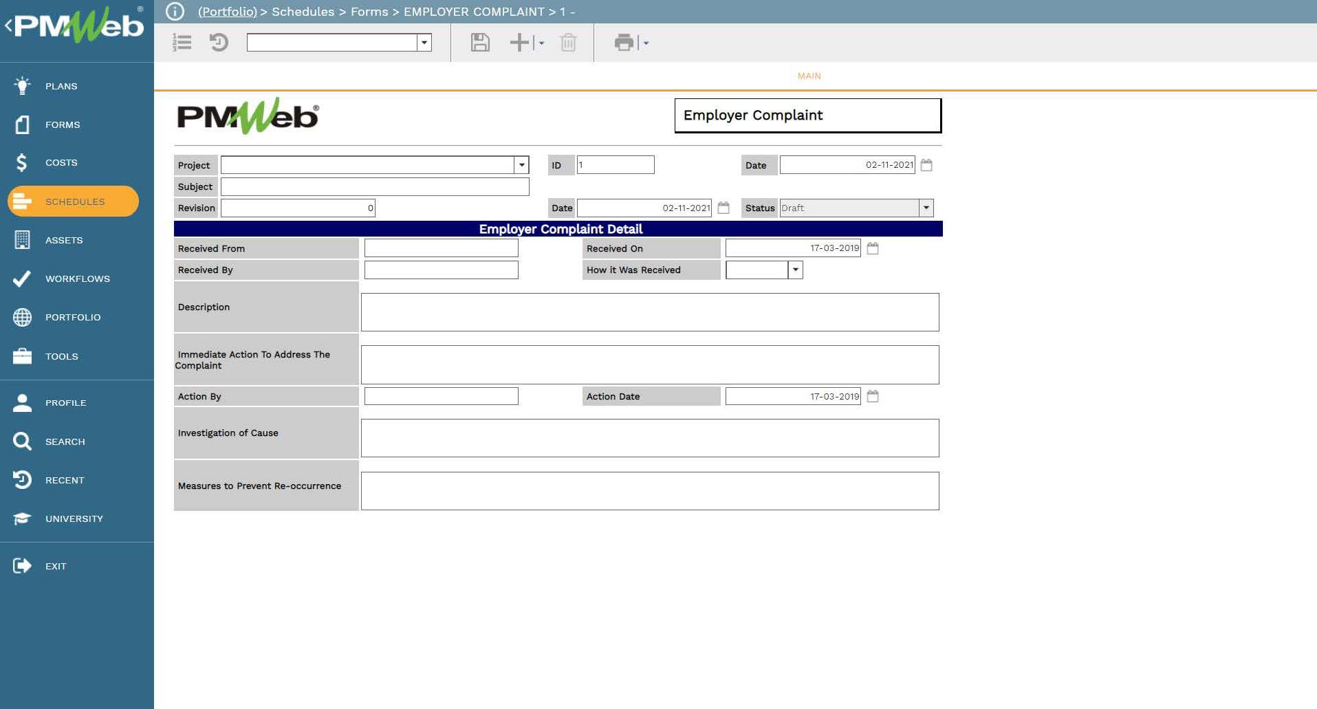 PMWeb 7 Schedules Forms Employer Complaint 
Main 