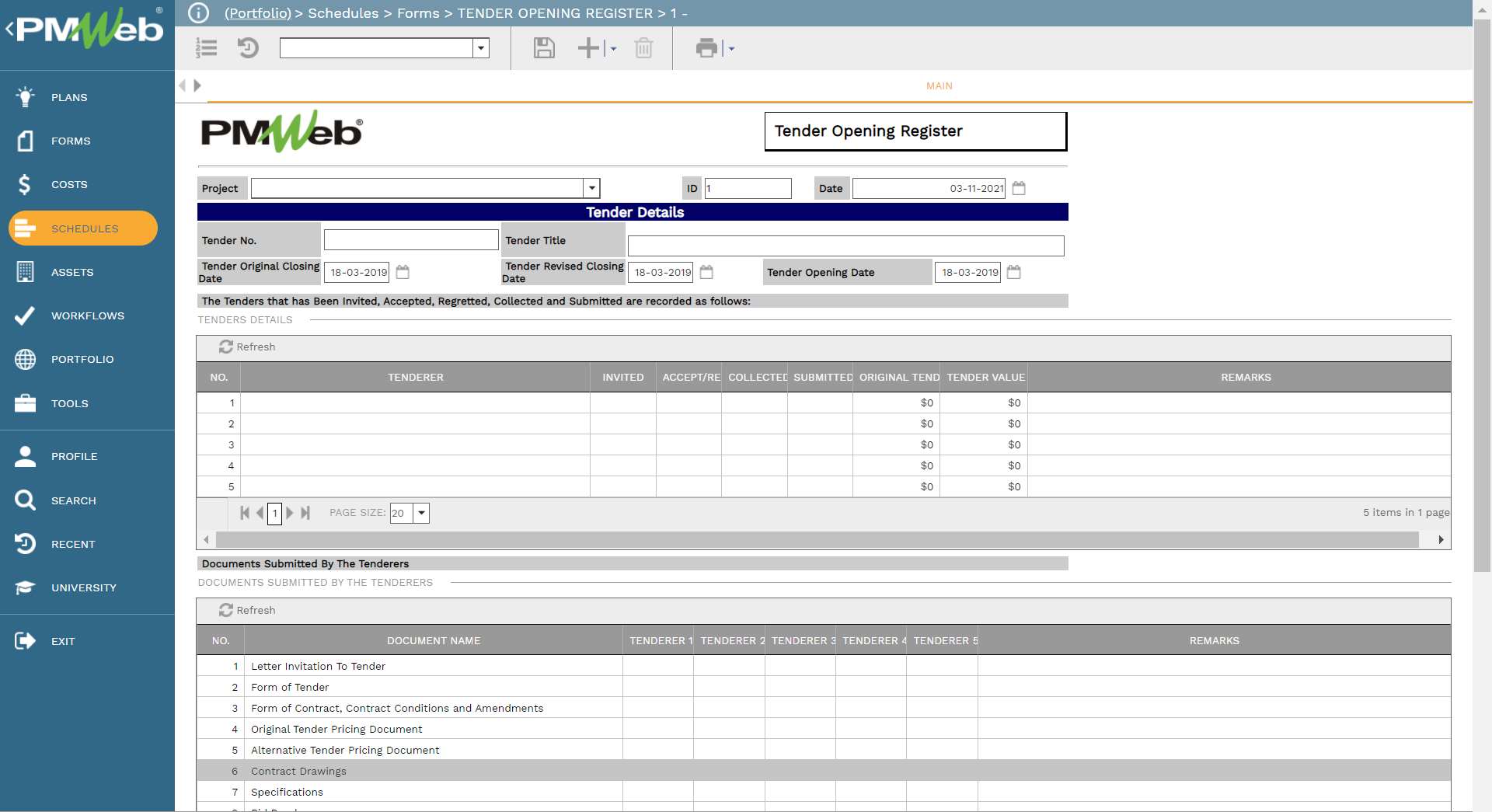 PMWeb Schedules Forms Tender Opening Register
Main