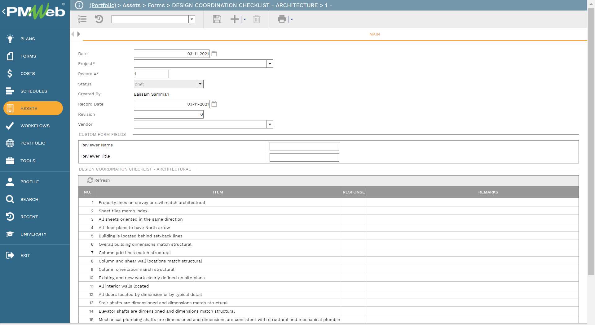 PMWeb 7 Assets Forms Design Coordination Checklist Architecture 
Main