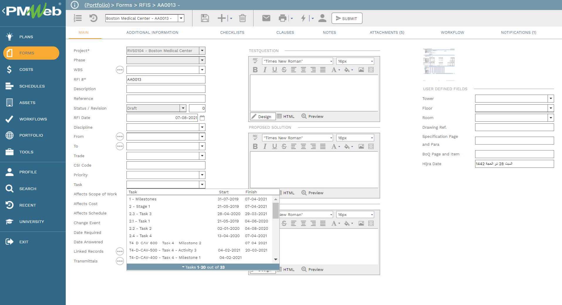 PMWeb 7 Forms RFIs
Main 