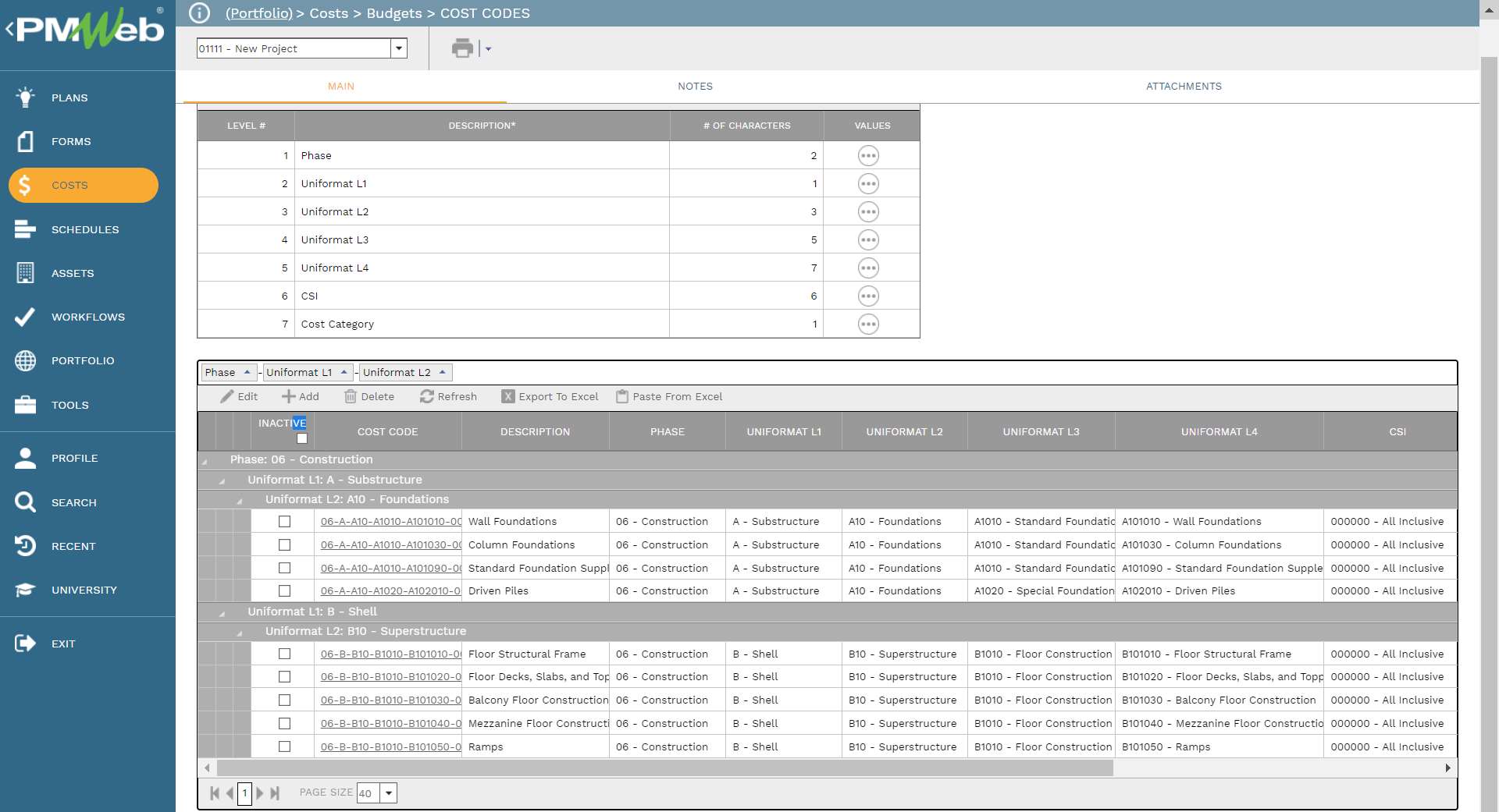 PMWeb 7 Costs Budget Cost Code 
Main 