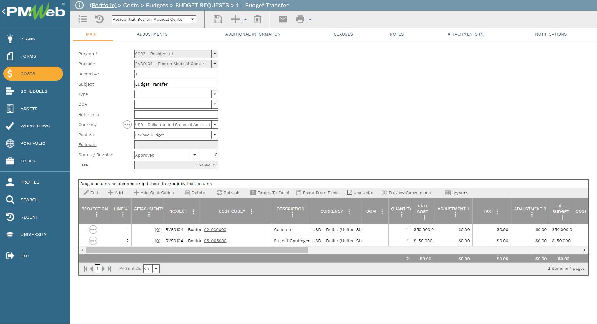 PMWeb 7 Costs Budget Budgets Requests 1 Budget Transfer 
Main