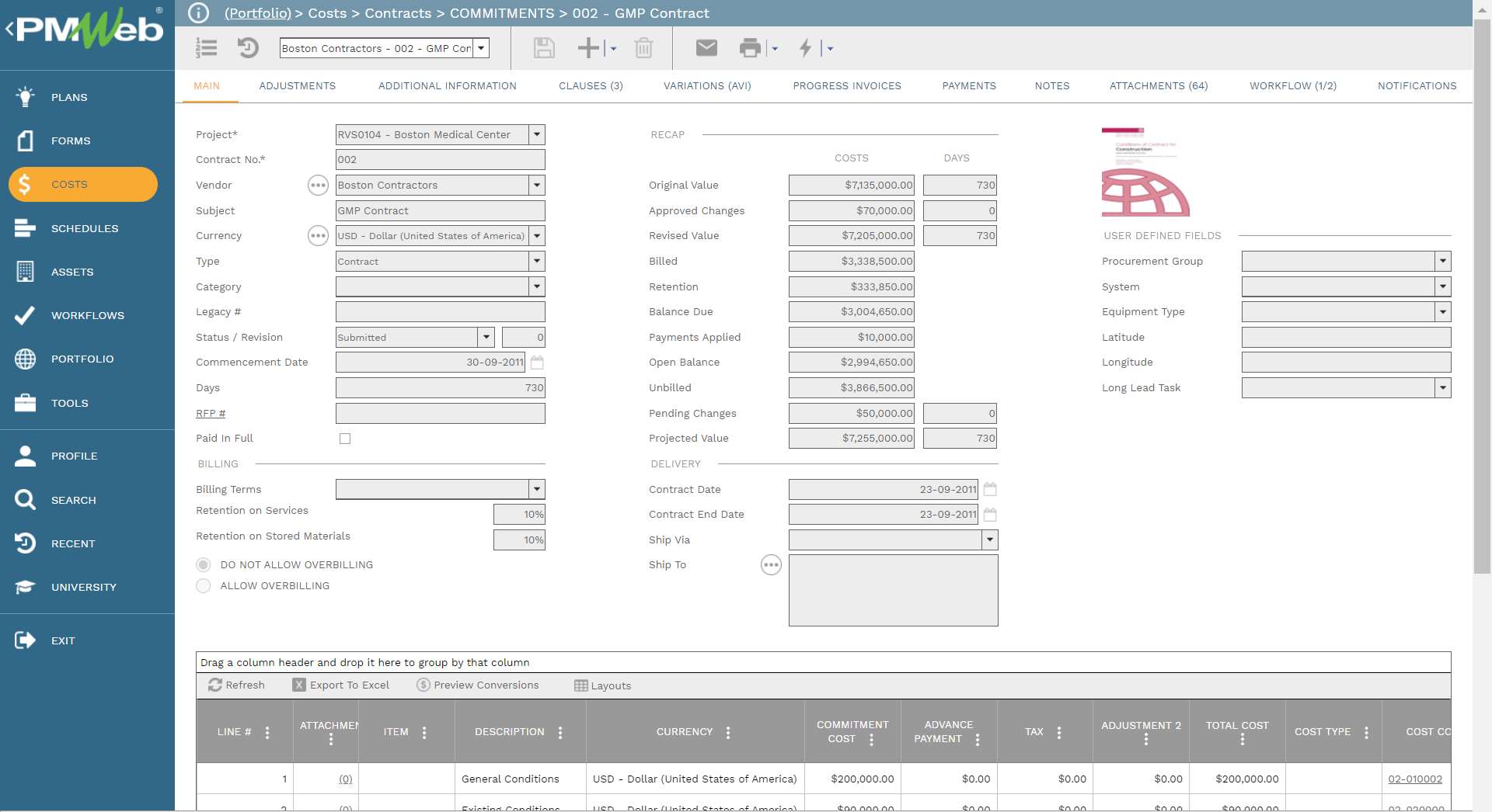 PMWeb 7 Costs Contracts Commitments 002 GMP Contract 
Main