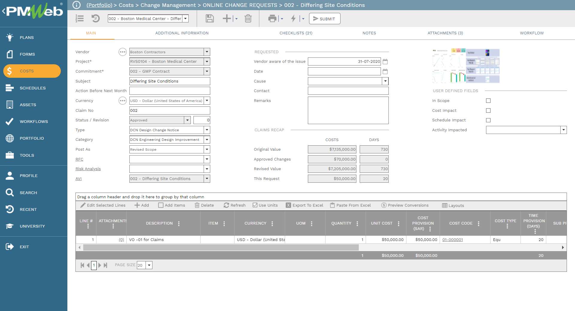 PMWeb 7 Costs Change Managment Online Change Request 002 Differing Site Conditions 
Main