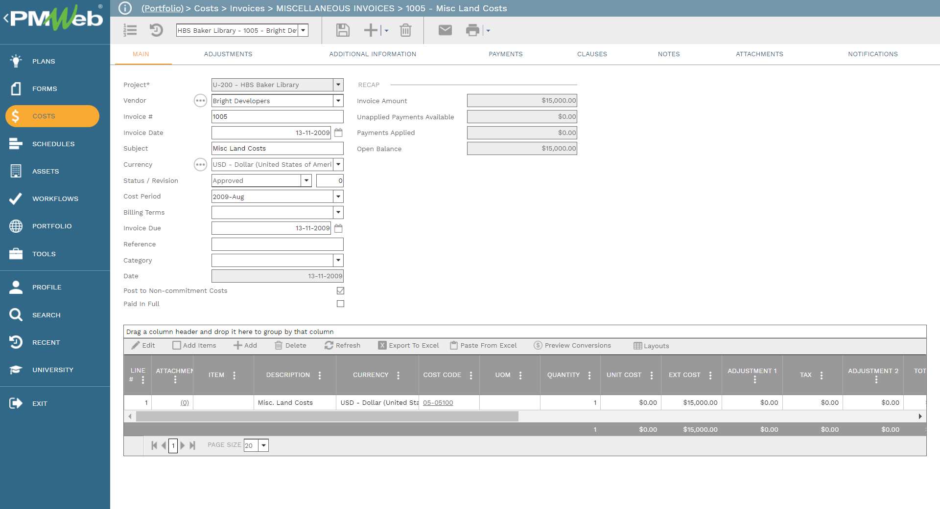 PMWeb 7 Costs Invoices Miscellaneous Invoices 1005 Misc Land Costs 
Main 