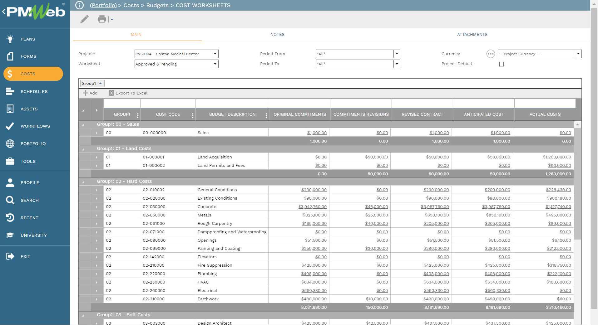 PMWeb 7 Costs Budgets Cost Worksheets 
Main 
