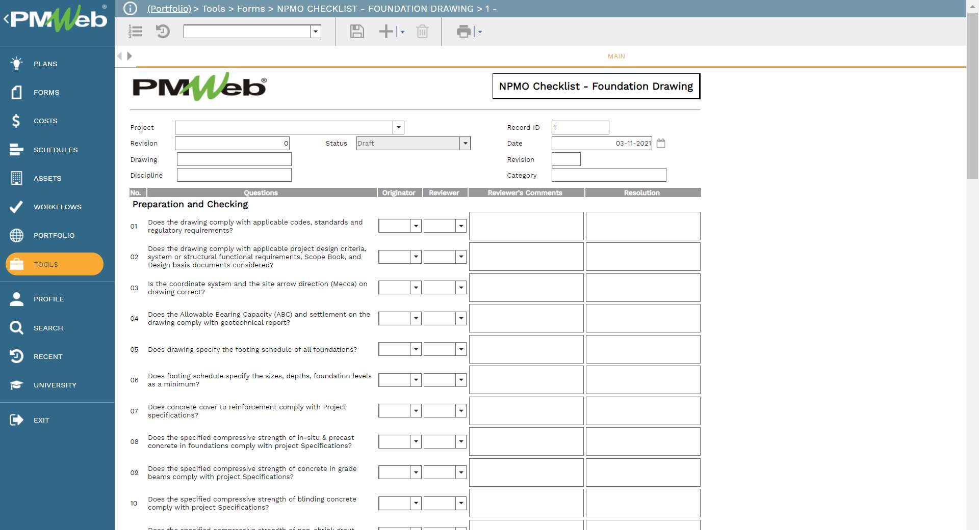 PMWeb 7 Tools Forms NPMO Checklist Foundation Drawing 
Main
