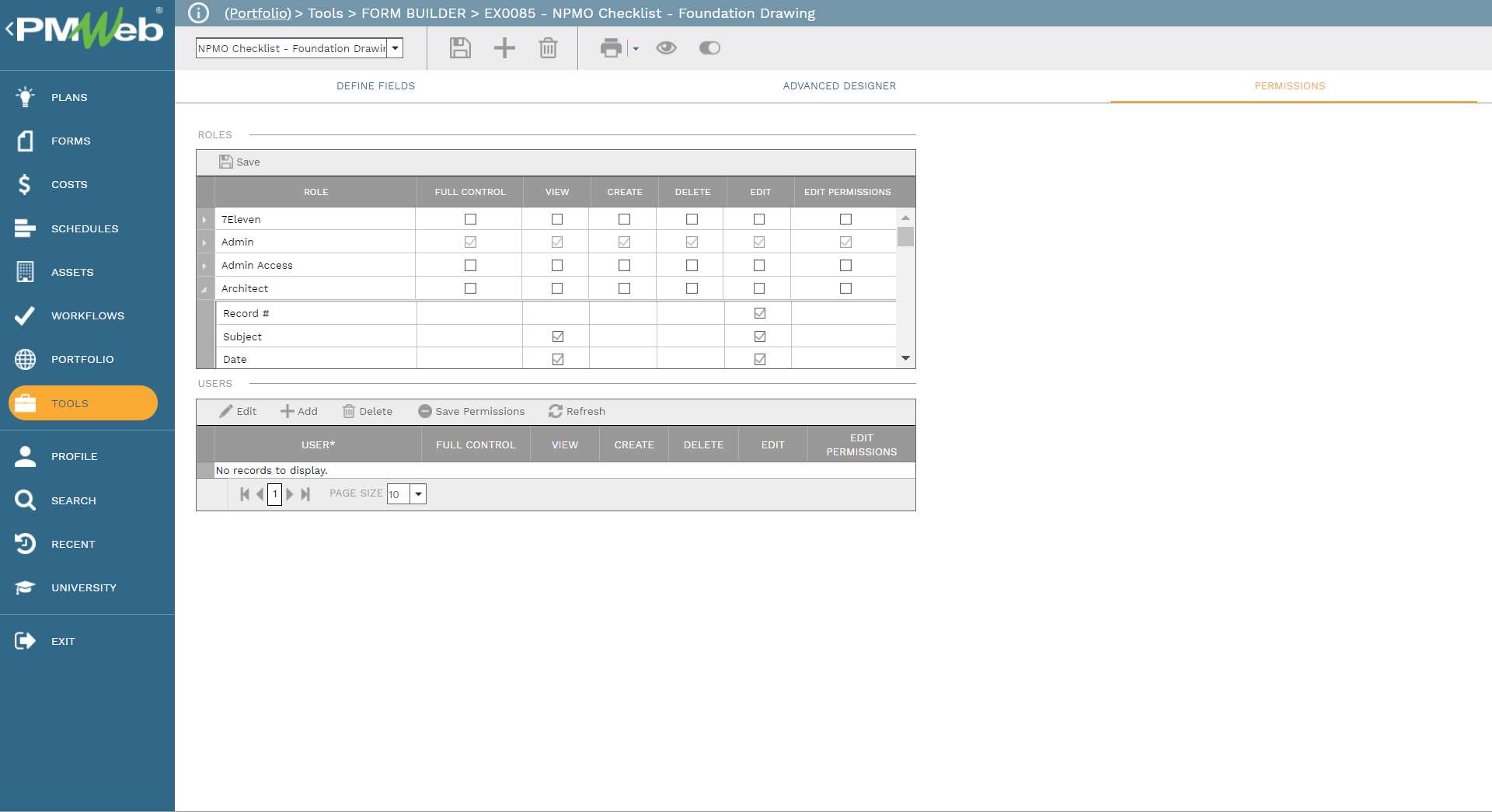 PMWeb 7 Tools Forms Builder EX0085 NPMO Checklist Foundation Drawing 
Permission 
