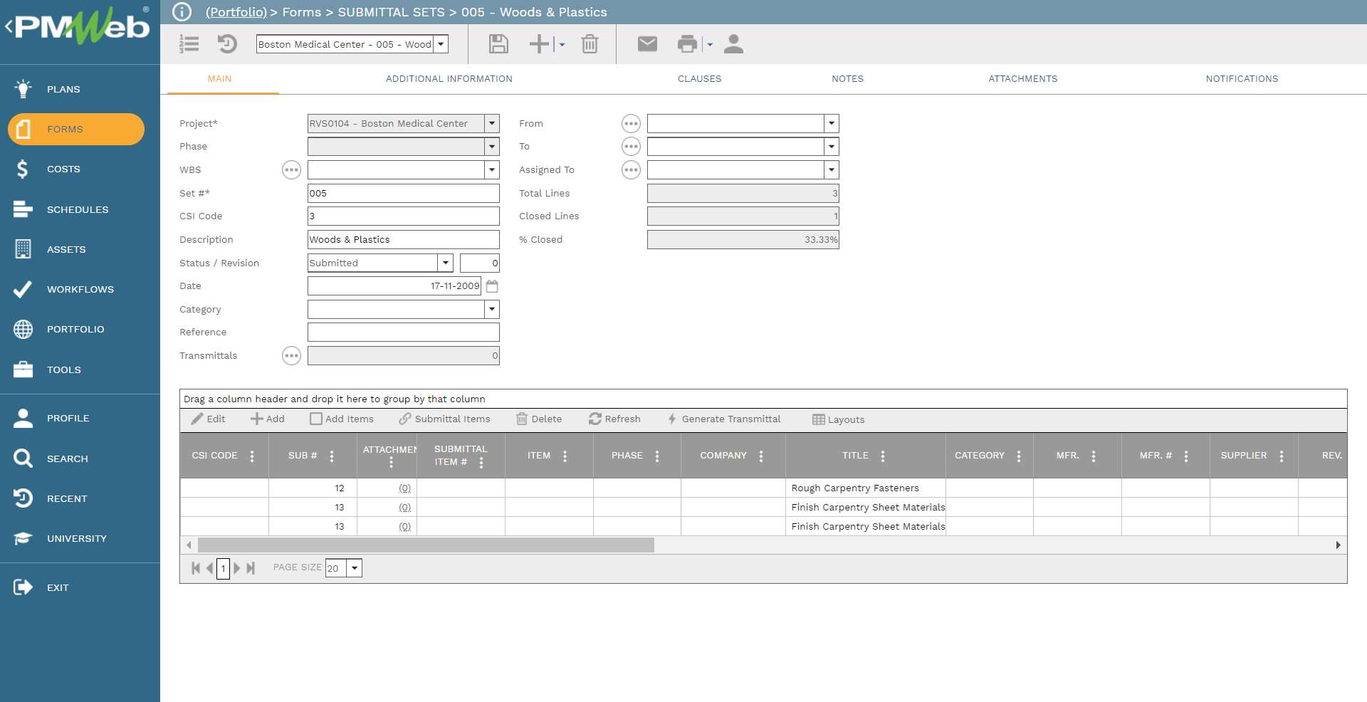 PMWeb 7 Forms Submittal Items 005 Woods & Plastics 
Main 