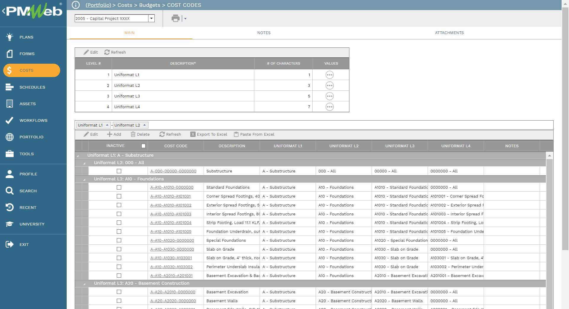 PMWeb 7 Costs Budgets Cost Codes 
Main