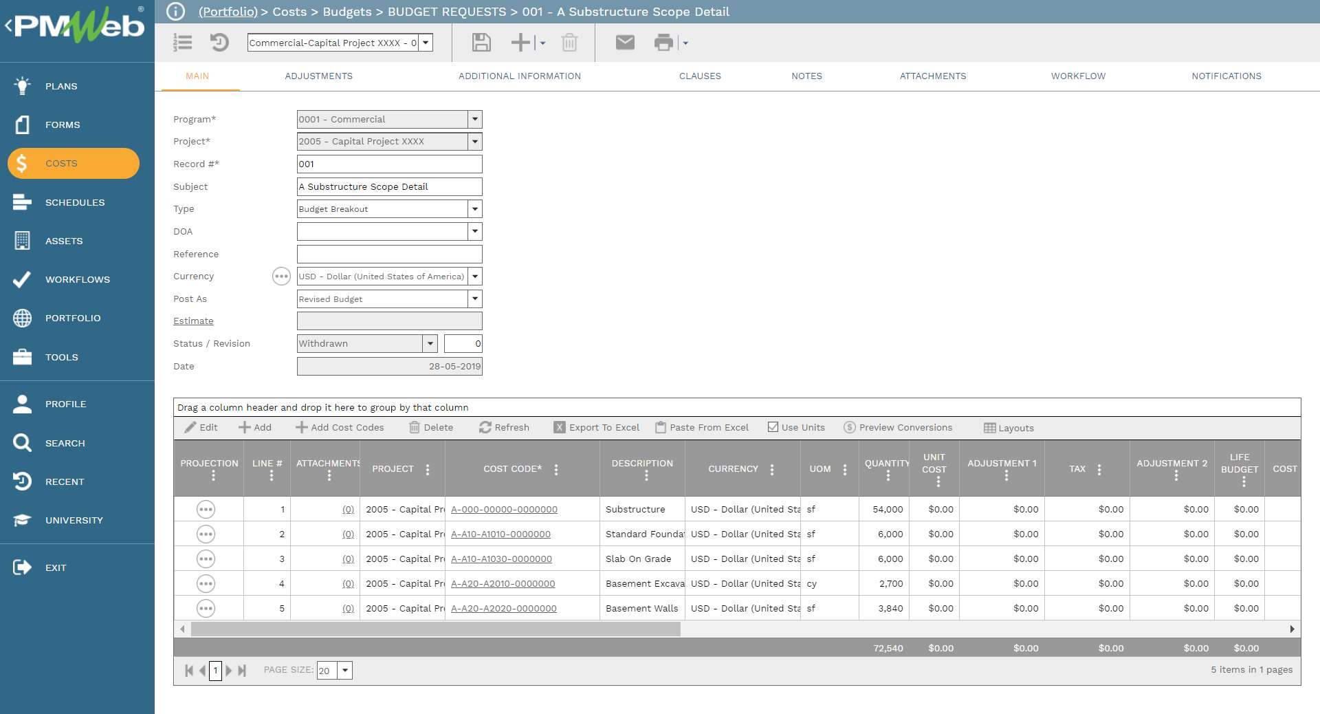 PMWeb 7 Costs Budgets Budgets Budgets Requests 001 A Substructure Scope Detail 
Main 