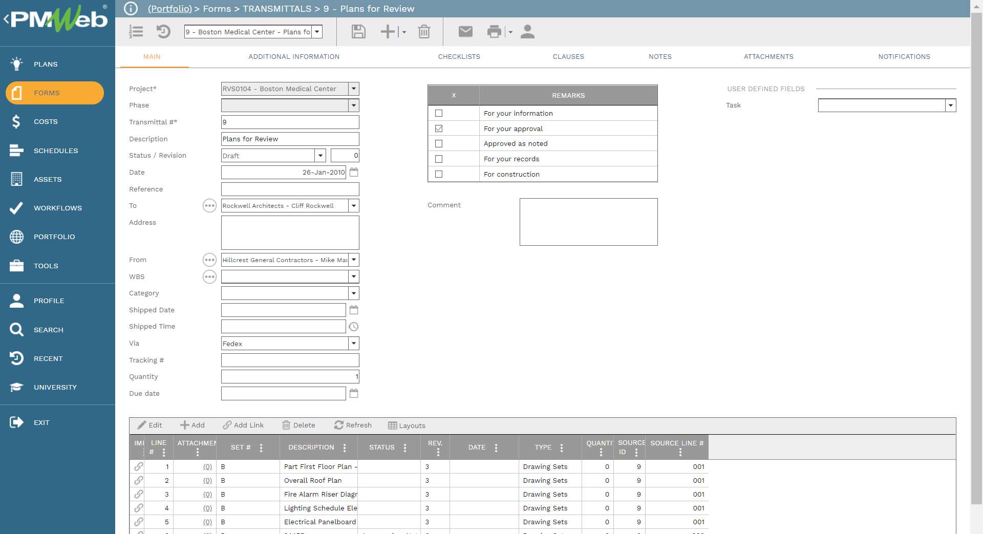 PMWeb 7 Forms Transmittals 9 Plans For Review 
Main