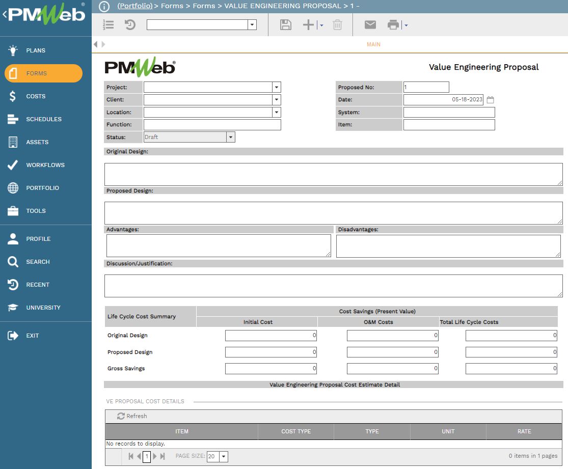 PMWeb 7 Forms Forms Value Engineering Proposal 1 / Main