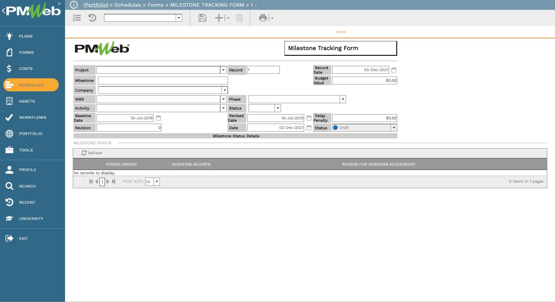 PMWeb 7 Schedules Forms Milestones Tracking Form
Main
