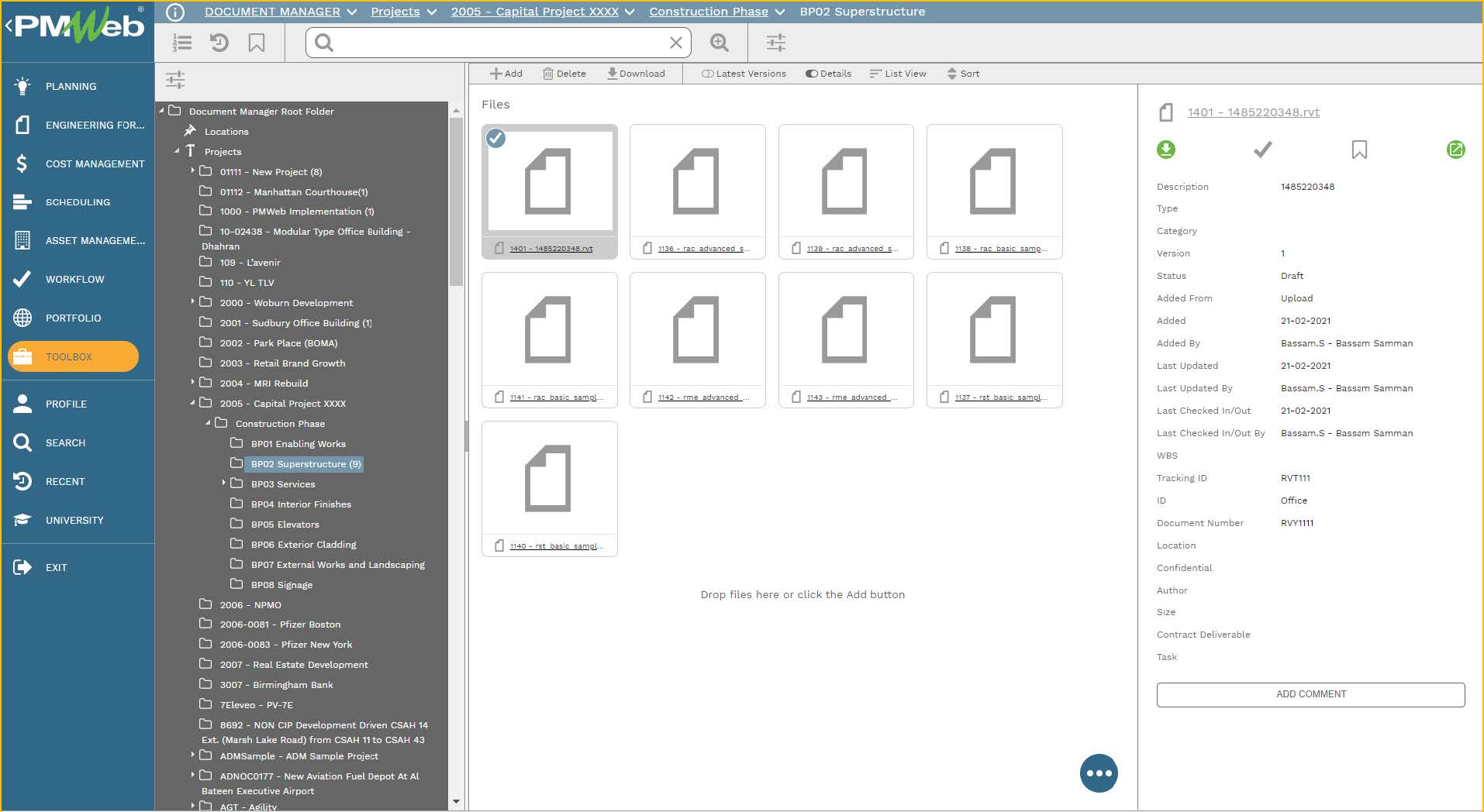 PMWeb 7 Document Manager Projects 2005 Capital Project xxxx Construction Phase BP02 Superstructure 