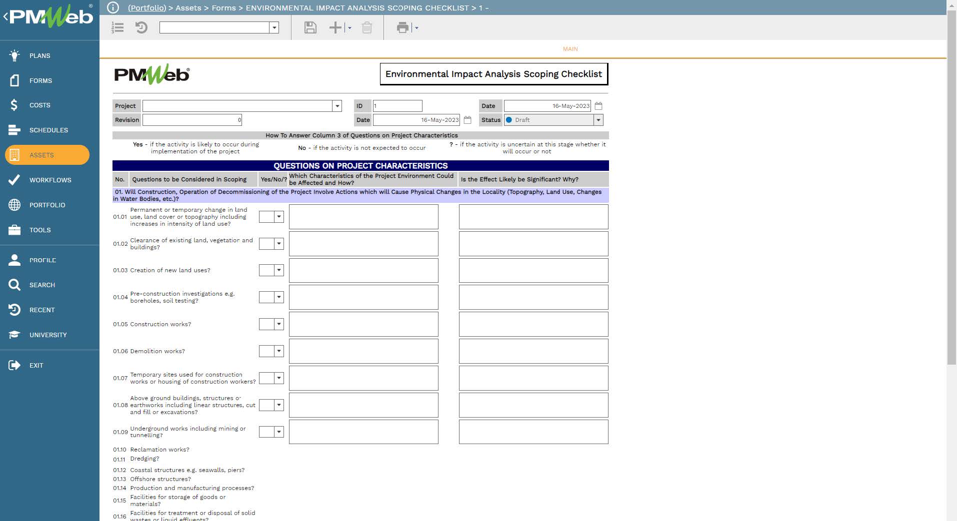 PMWeb 7 Assets Forms Environmental Impact Analysis Scoping Checklist 
Main