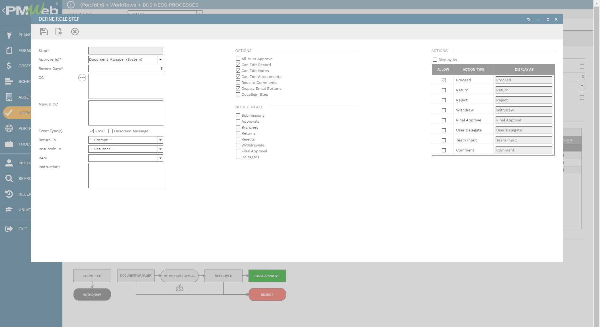 PMWeb 7 Workflows Business Processes 
Define Role Step