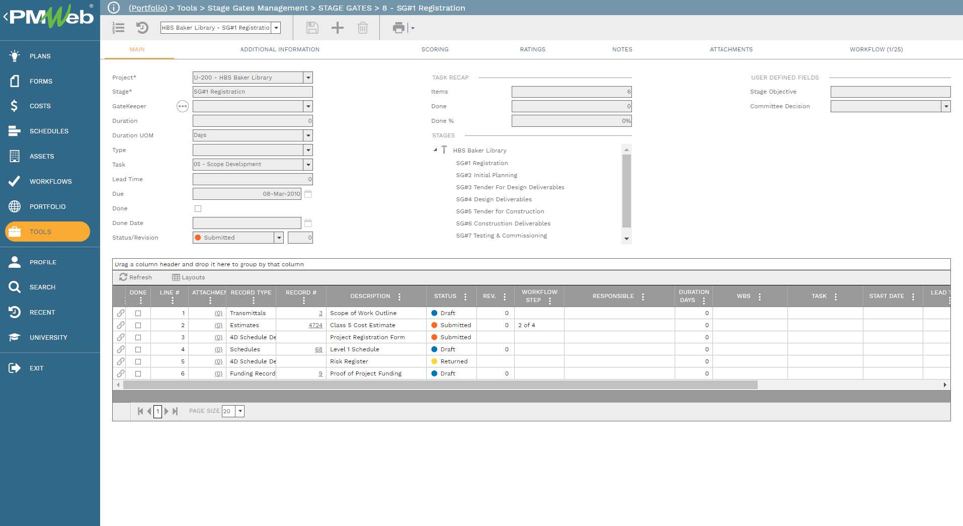 PMWeb 7Tools Stage Gates Managment Stage Gates 8 SG#1 Registration
Main