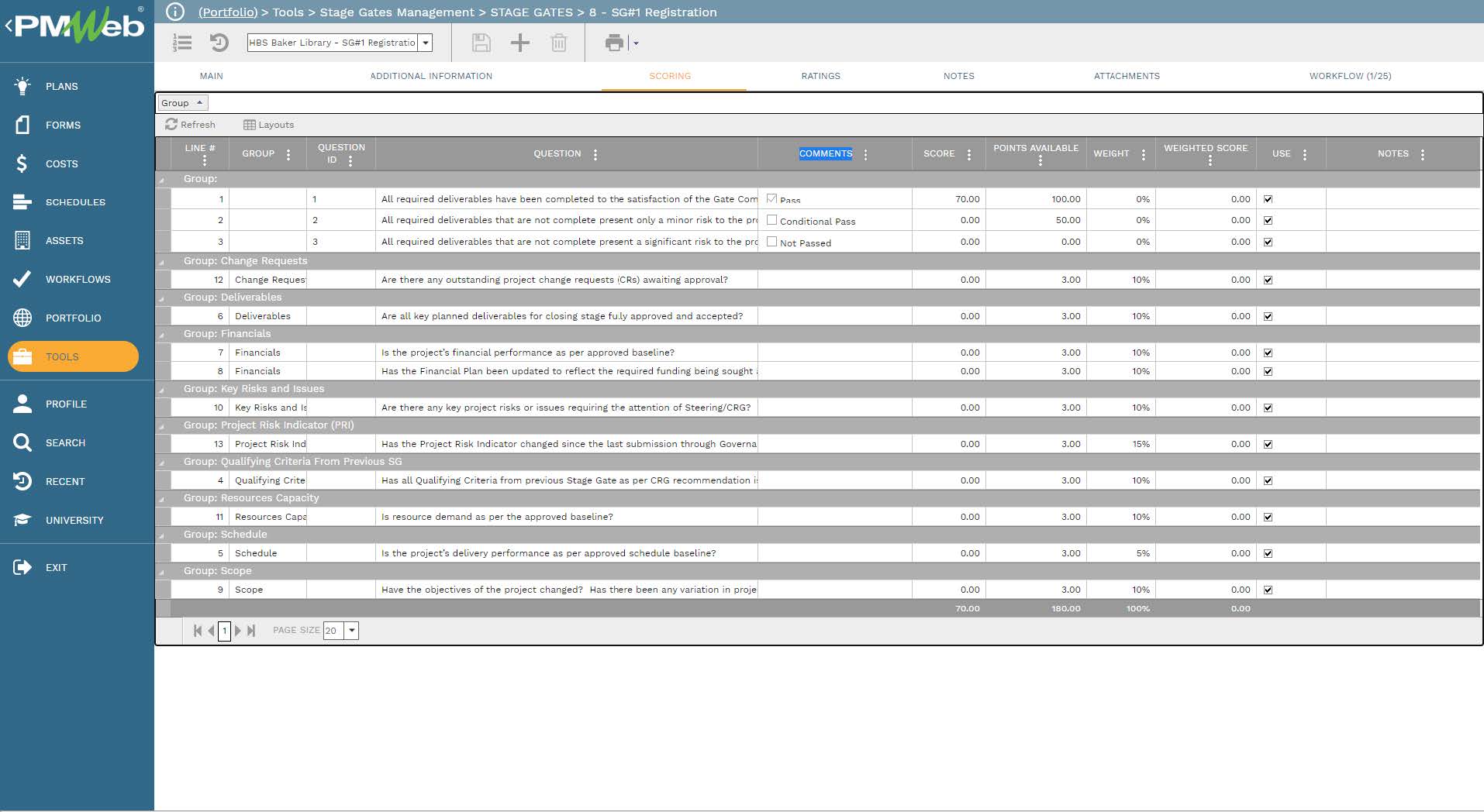 PMWeb 7Tools Stage Gates Managment Stage Gates 8 SG#1 Registration
Scoring 