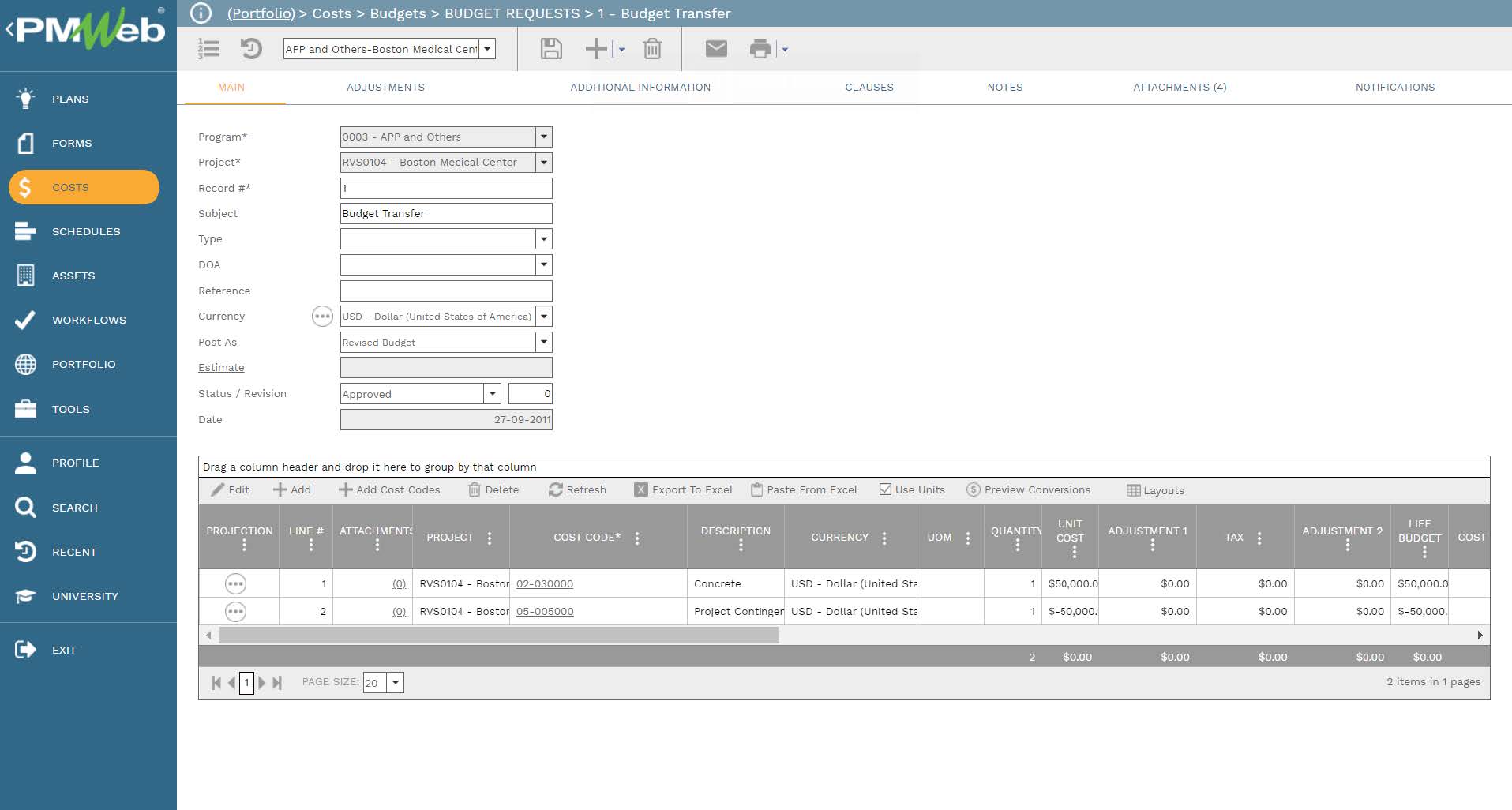 PMWeb 7 Costs Budgets Budget Requests Budget Transfer 
Main 