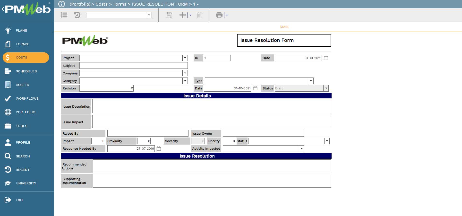 PMWeb 7 Costs Forms Issue Resolution From 
Main