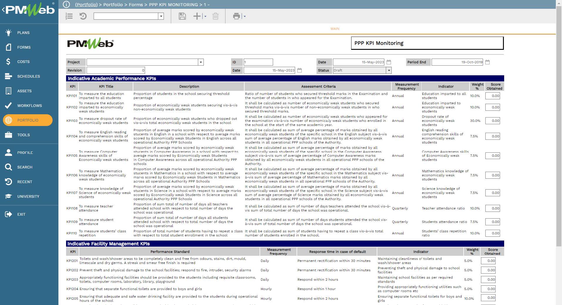 PMWeb 7 Portfolio Forms PPP KPI Monitoring 
Main