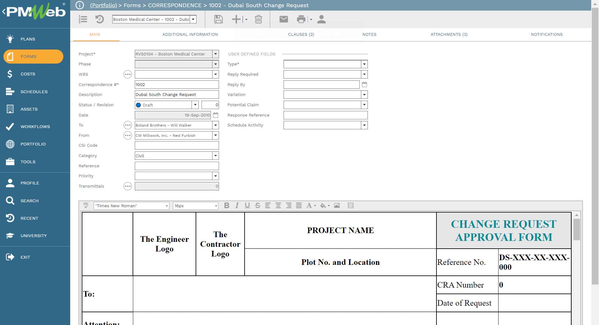 PMWeb 7 Forms Correspondence 1002 Dubai South Change Request 
Main 