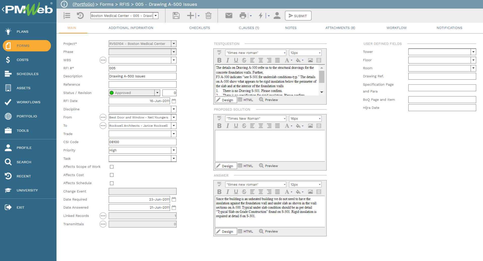 PMWeb 7 Forms RFIs 005 Drawing A 500 Issues 
Main 